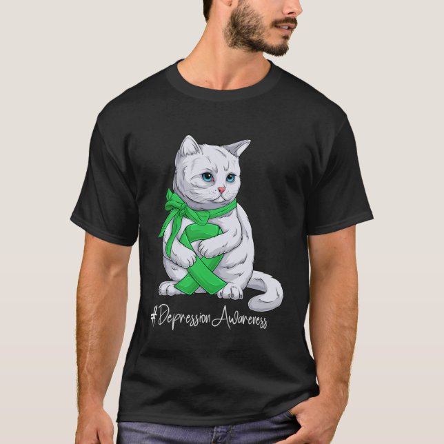 Depression Awareness Month Green Ribbon Cat T Shirt (Framsida)