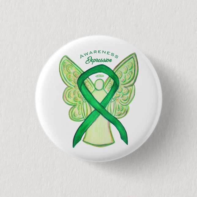 Depression Awareness Ribbon Grönt Angel Pin Button Knapp (Framsida)
