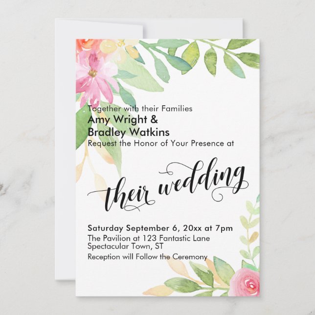 Deras Bröllop-typografi, vattenfärgen Blommigt Brö Inbjudningar (Framsida)