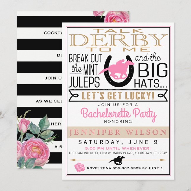 Derby Bachelorette Party Black/Guld/Rosa ros Inbjudningar (Fram/baksida)