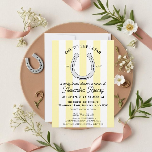 Derby Bridal Shower Yellow Cabana Stripe Horseshoe Inbjudningar (Off to the altar derby wedding shower invitation with butter yellow cabana stripes.)