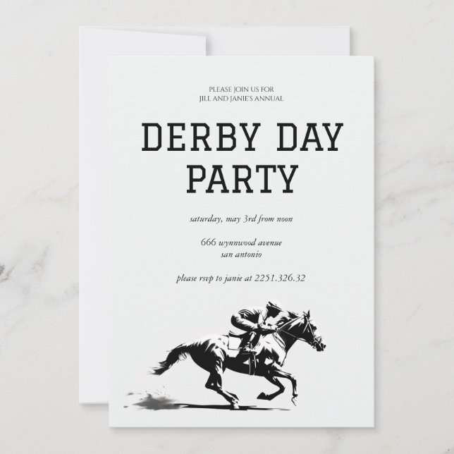 Derby Day-fest Invitation Svart & Vit Häst R Inbjudningar (Framsida)