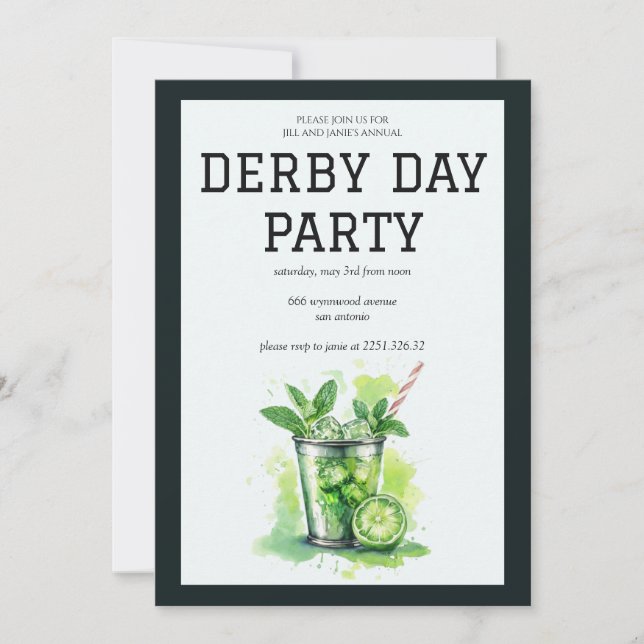 Derby Day Party Inbjudan Mint Julep Kentucky Der (Framsida)
