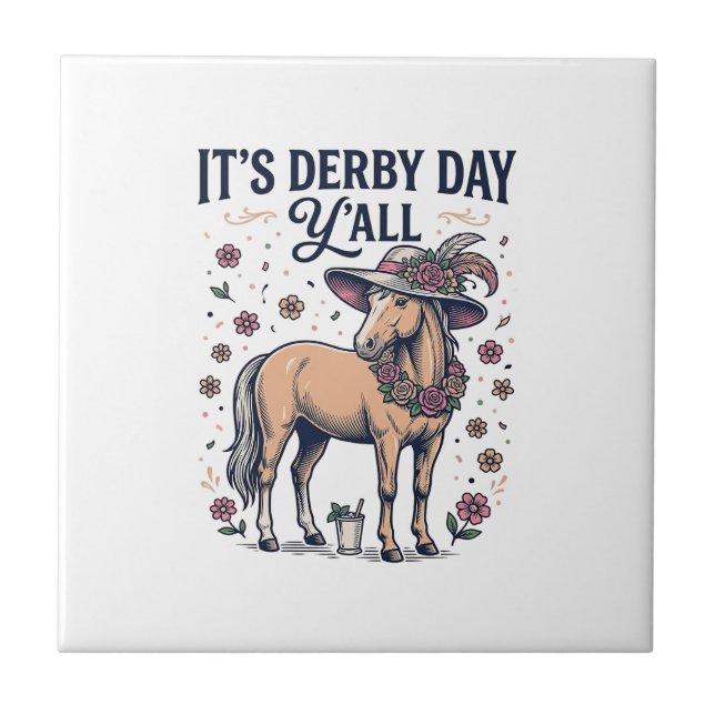 Derby Day Y'all Häst Blommig Hatt Kakelplatta (Framsidan)