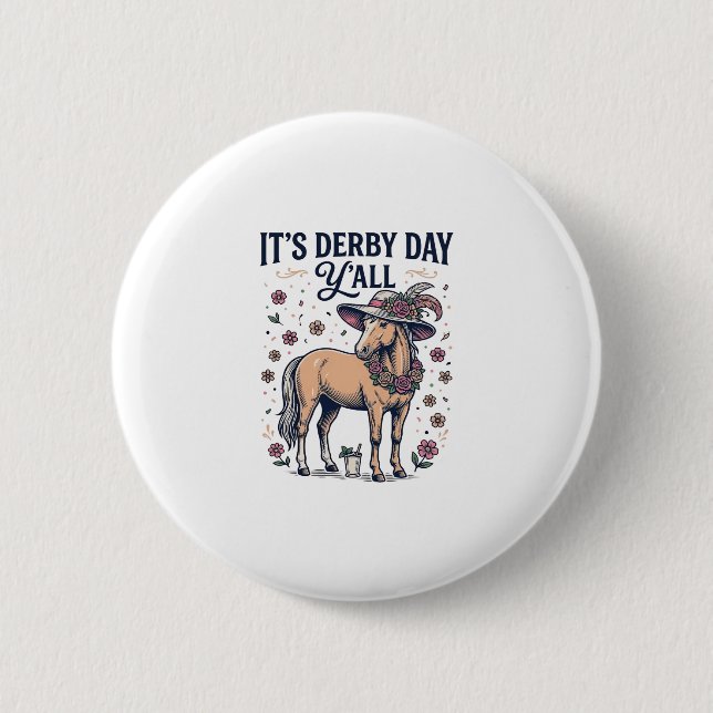 Derby Day Y'all Häst Blommig Hatt Knapp (Framsida)
