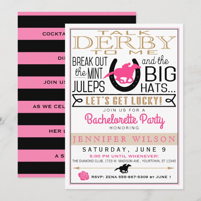 Derby Girly/Bachelorette Party Rosa/Black/Guld Inbjudningar (Fram/baksida)