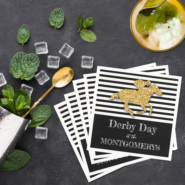 Derby Guld Racehorse Black and White Rand Pappersservett (Derby gold racehorse on black and white stripes personalized napkins)