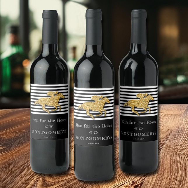 Derby Guld Racehorse och Jockey på Rand Vinflaska Etikett (Derby gold faux glitter racehorse and jockey on black and white stripes wine bottle labels)