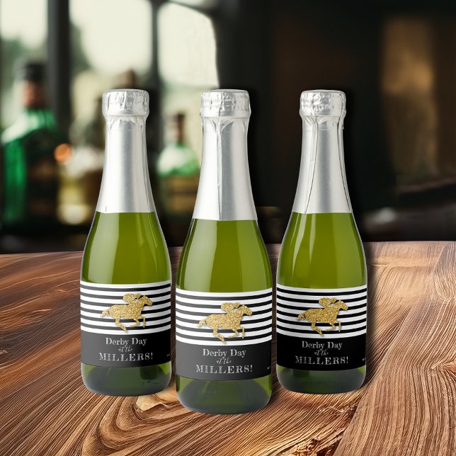 Derby Guld Racehorse on Black Rand (Derby gold racehorse on black and white stripes mini sparkling wine labels)