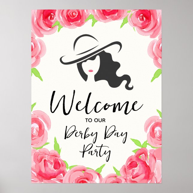 Derby Hatt Dam Silhuett och Rosor Välkommen Poster (Framsidan)