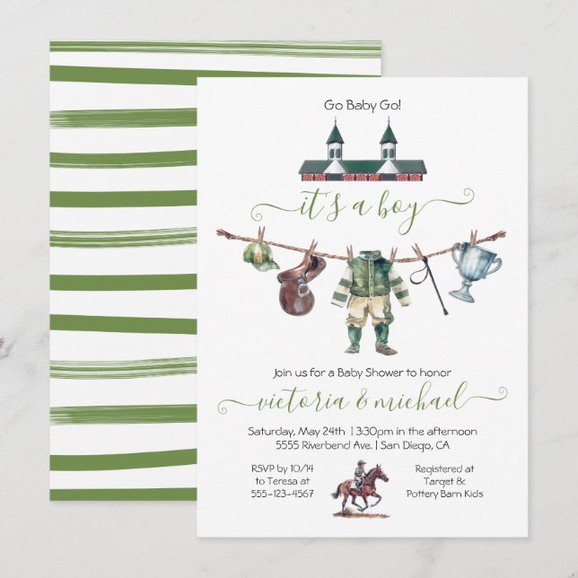 Derby Horse Tävla Baby Shower Clothesline Inbjudningar (Fram/baksida)