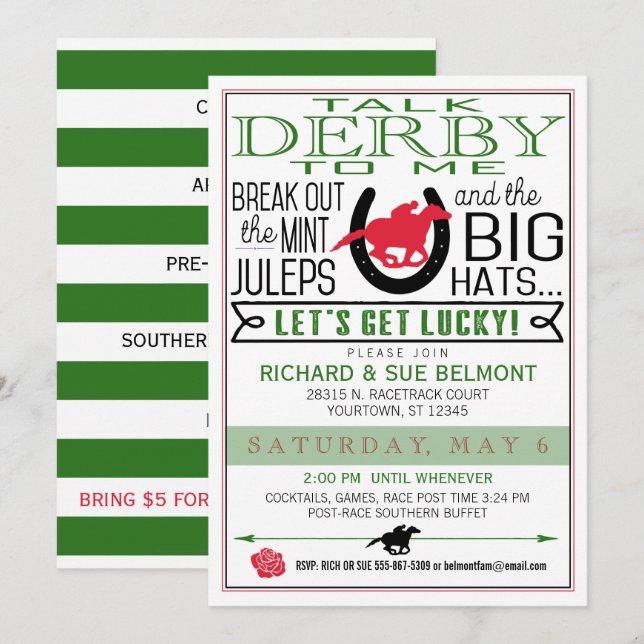Derby Horse Tävla Party Blk/Red/Dk Kelly Inbjudningar (Fram/baksida)
