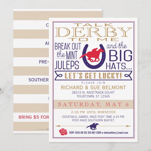 Derby Horse Tävla Party Blue/Red/Guld Inbjudningar (Fram/baksida)