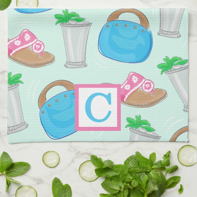 Derby Mint Julep Preppy Monogram Kökshandduk (Vikta)