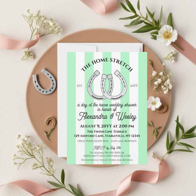 Derby Möhippa Mint Cabana Rand Horseshoe Inbjudningar (Horse racing derby themed couples wedding shower with mint green stripes and horseshoes)