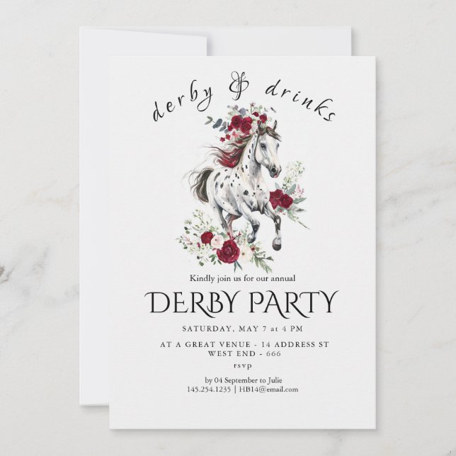 Derby Party Invitation – Floral Horse Head with Ro Inbjudningar (Framsida)