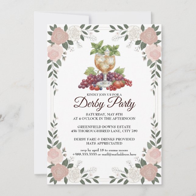 Derby Party Invitation Floral Mint Julep Design Inbjudningar (Framsida)