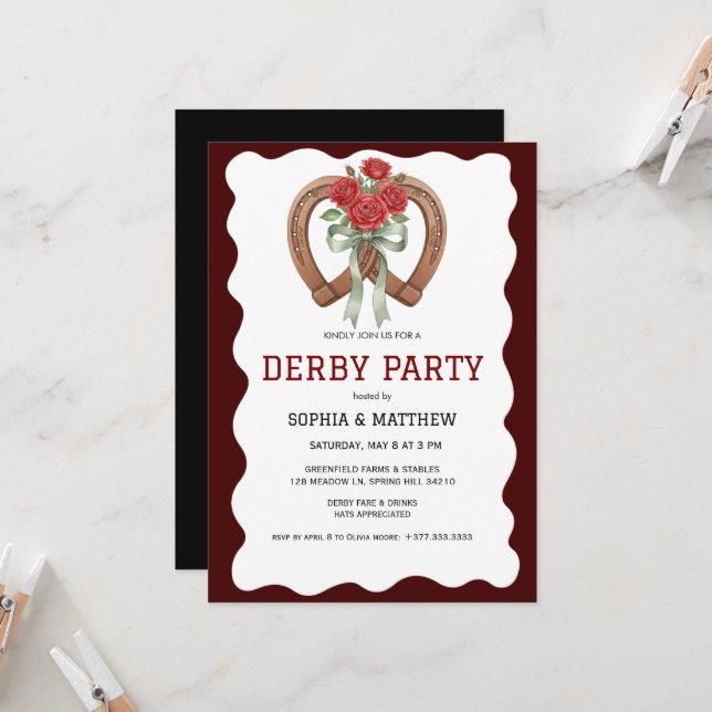 Derby Party Invitation Rustic Horseshoe Roses Inbjudningar (Fram/Back In Situ)