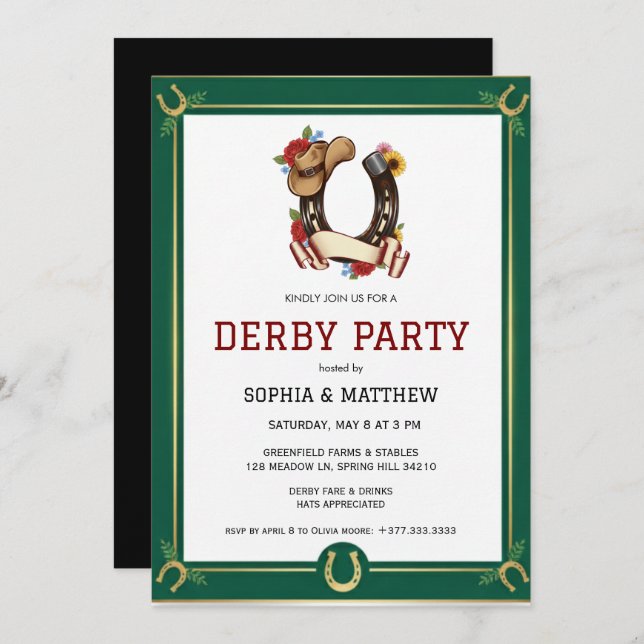 Derby Party Invitation Vintage Equestrian Style Inbjudningar (Fram/baksida)