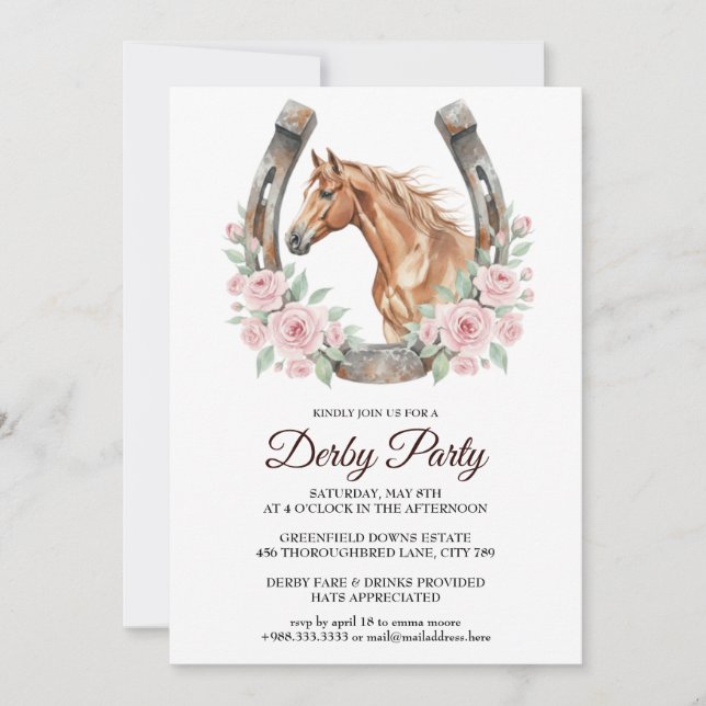 Derby Party Invitation with Horse & Floral Art Inbjudningar (Framsida)
