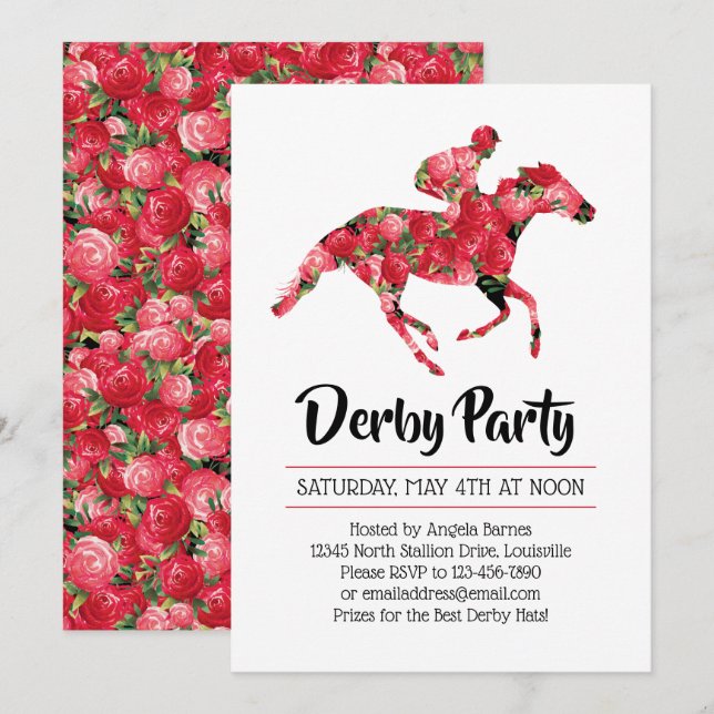 Derby Party Röd ros Racehorse Inbjudningar (Fram/baksida)