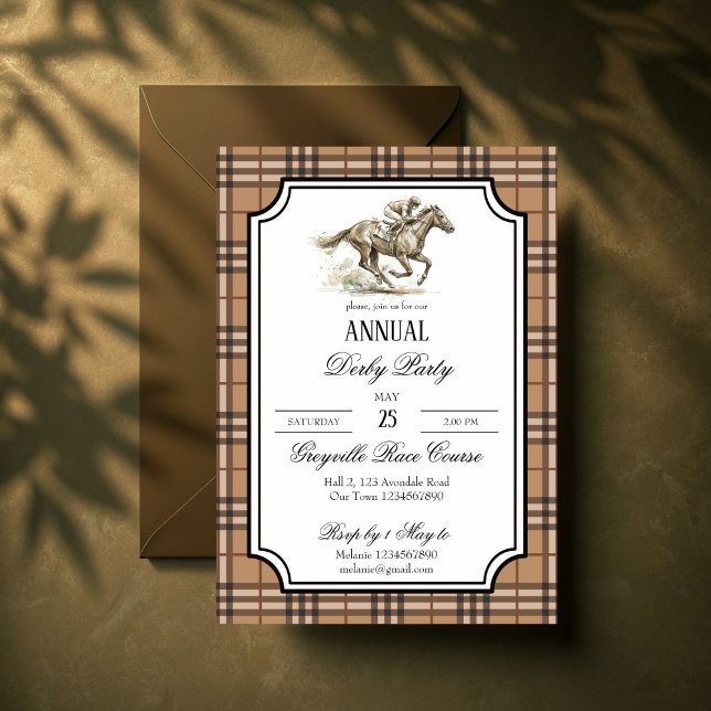 Derbyhästkapplöpningsfest elegant gingham inbjudningar (Derby horse racing party elegant brown gingham invitation cards template equestrian party invites)