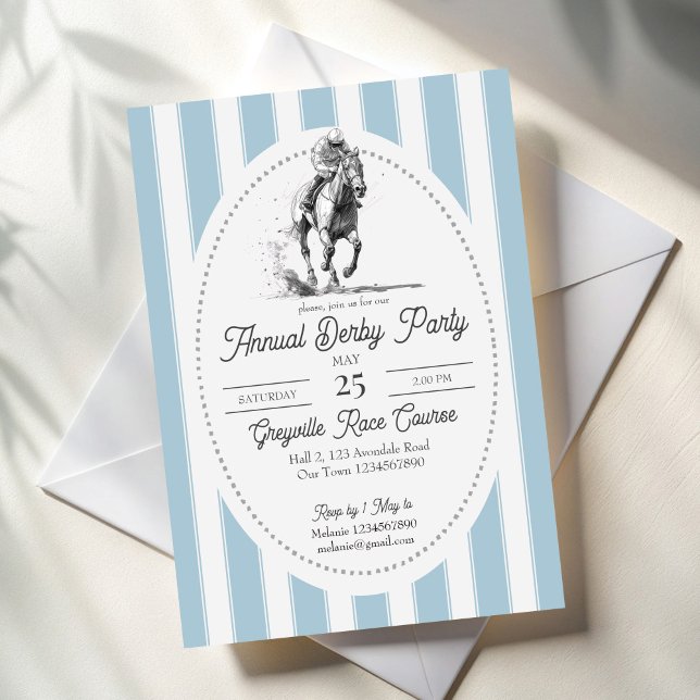 Derbyhästkapplöpningsfest eleganta ränder inbjudningar (Derby horse racing party elegant invitation cards template retro dusty blue stripes derby invites)
