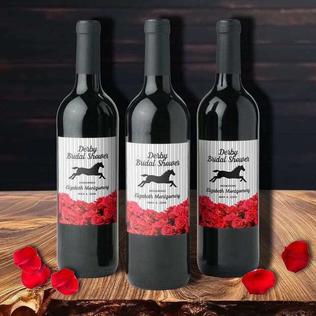 Derbyhästroser Bröllopsdusch Vinflaska Etikett (Wine bottle labels to personalize for your bridal shower.)