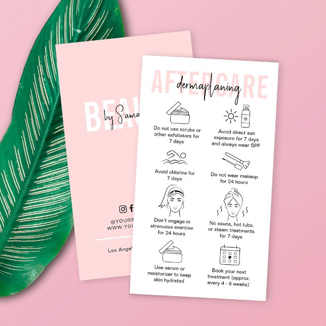 Dermaplaning Aftercare Guide Rosa Cosmetolog Visitkort (Modern dermaplaning facial treatment aftercare cards in pink and white with care icons)