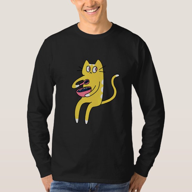 Derpy Kitty Yellow and White Cat Eating Cereal T Shirt (Framsida)