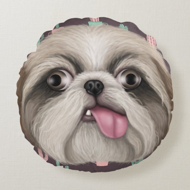 Derpy Shih Tzus Rund Kudde (Framsidan)