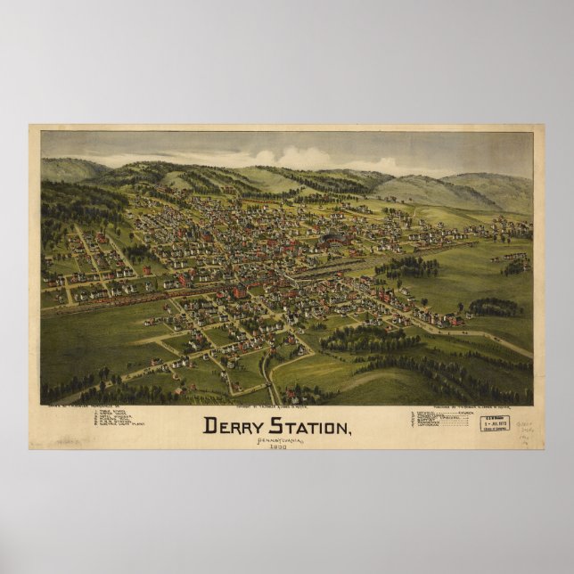 Derry Pennsylvania 1900 Antique Panoramic Karta Poster (Framsidan)