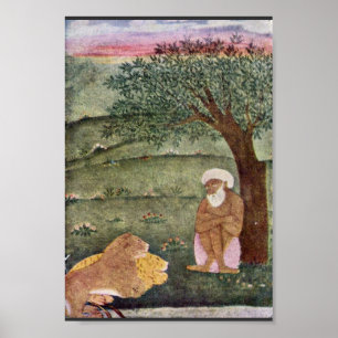 Dervish with a Lejon and a tiger. Mughal Painting. Poster