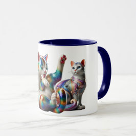 Des chats magnifiques dont un faisant sa toilette. mugg