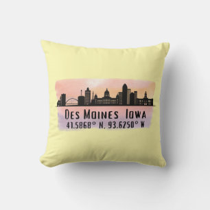 Des Moines IA City Skyline Latitude och Longitud Kudde
