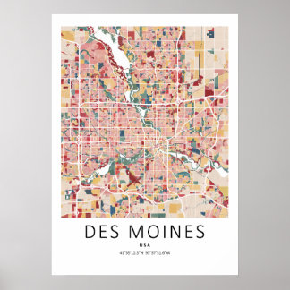 Des Moines Iowa Kartposter | Modern Stadsväggkonst Poster