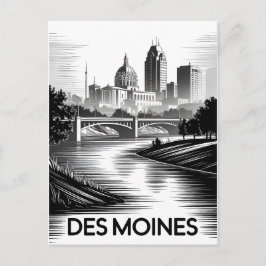 Des Moines Iowa Siluett Svart Vitt Träsnitt Helg Vykort
