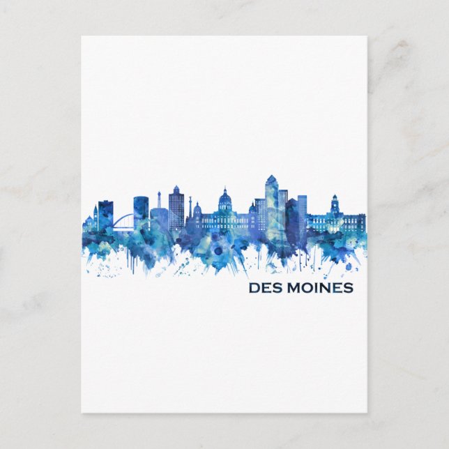 Des Moines Iowa Skyline Blue Helg Vykort (Framsida)