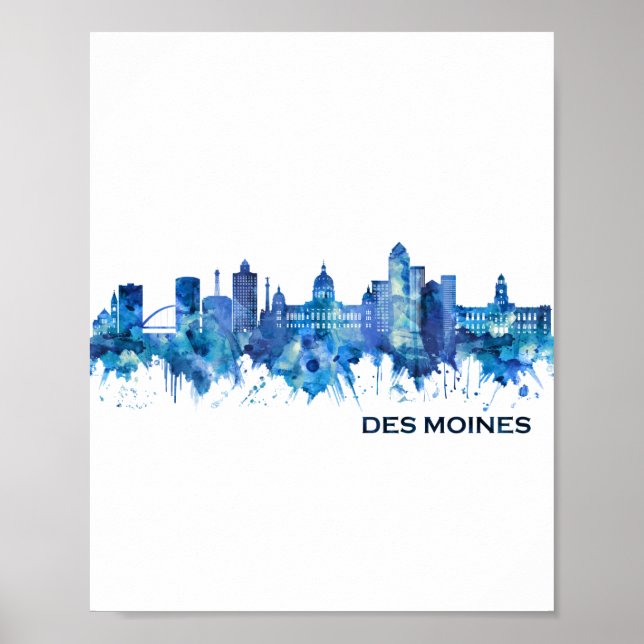 Des Moines Iowa Skyline Blue Poster (Framsidan)