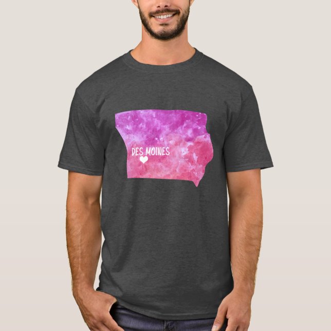 Des Moines Iowa, USA:s rosa för vattenfärgen Karta T Shirt (Framsida)