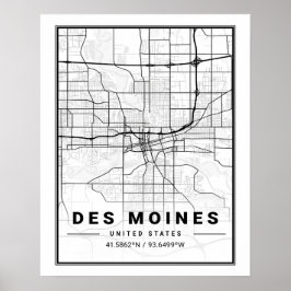 Des Moines Iowa USA Travel City Karta Poster