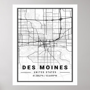 Des Moines Iowa USA Travel City Karta Poster