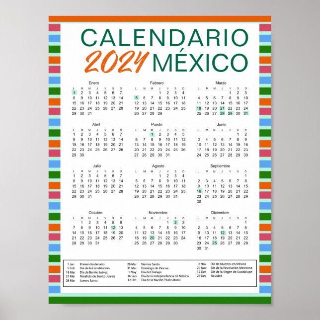 Descargar Calendario Mexicano Español 2024 México Poster (Framsidan)