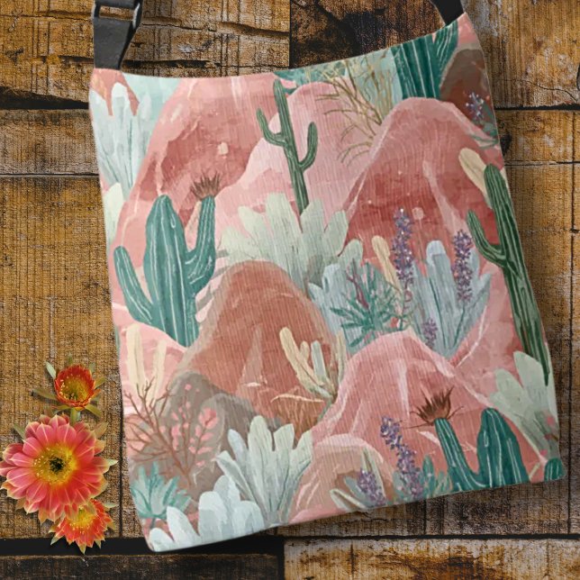 Desert Bloom Sunset with Cactus Garden Axelväska (Desert bloom tote with pink canyons, watercolor cacti, and soft boho southwest charm.)