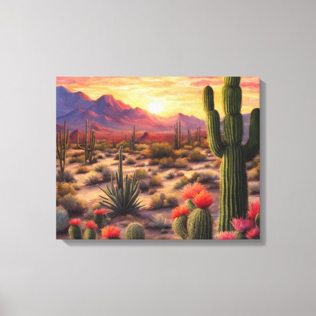 Desert Blooming Cactus Colorful Sunrise Art Canvastryck (Framsida)