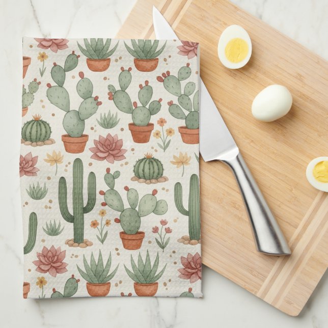 Desert Cacti Succulent Seamless Pattern Kökshandduk (Vikt i Fjärdedel)