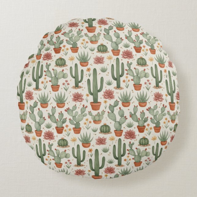 Desert Cacti Succulent Seamless Pattern Rund Kudde (Framsidan)