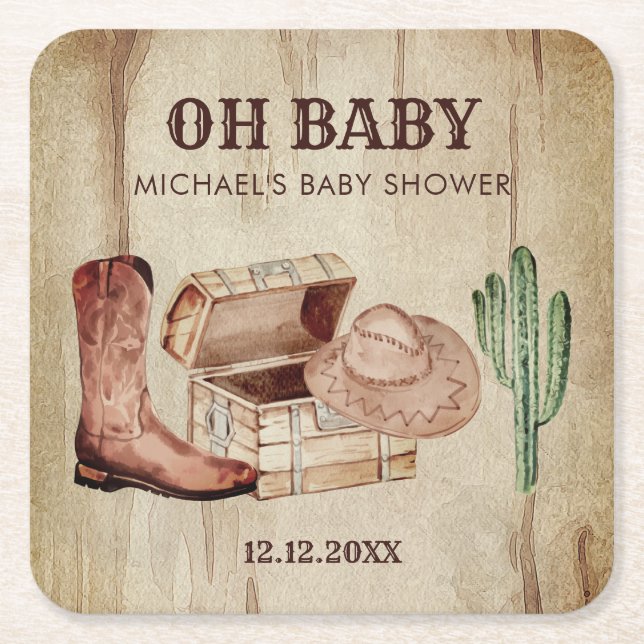 Desert Cactus Baby Cowboy Hat Shoes Party Underlägg Papper Kvadrat (Framsidan)