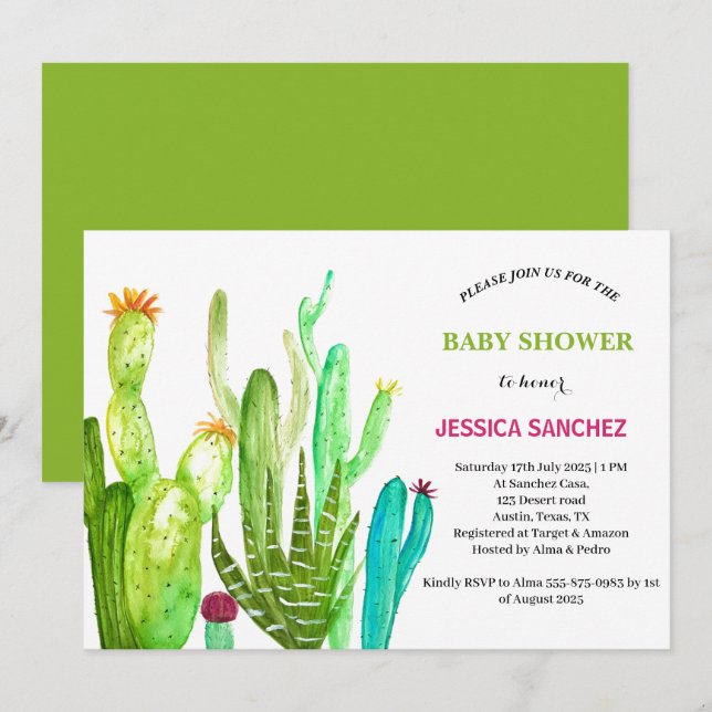 Desert Cactus Boho Bohemian Watercolor Baby duscha Inbjudningar (Fram/baksida)