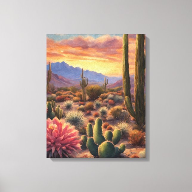 Desert Cactus Mountain Sunrise Dramatic Påstående Canvastryck (Framsida)